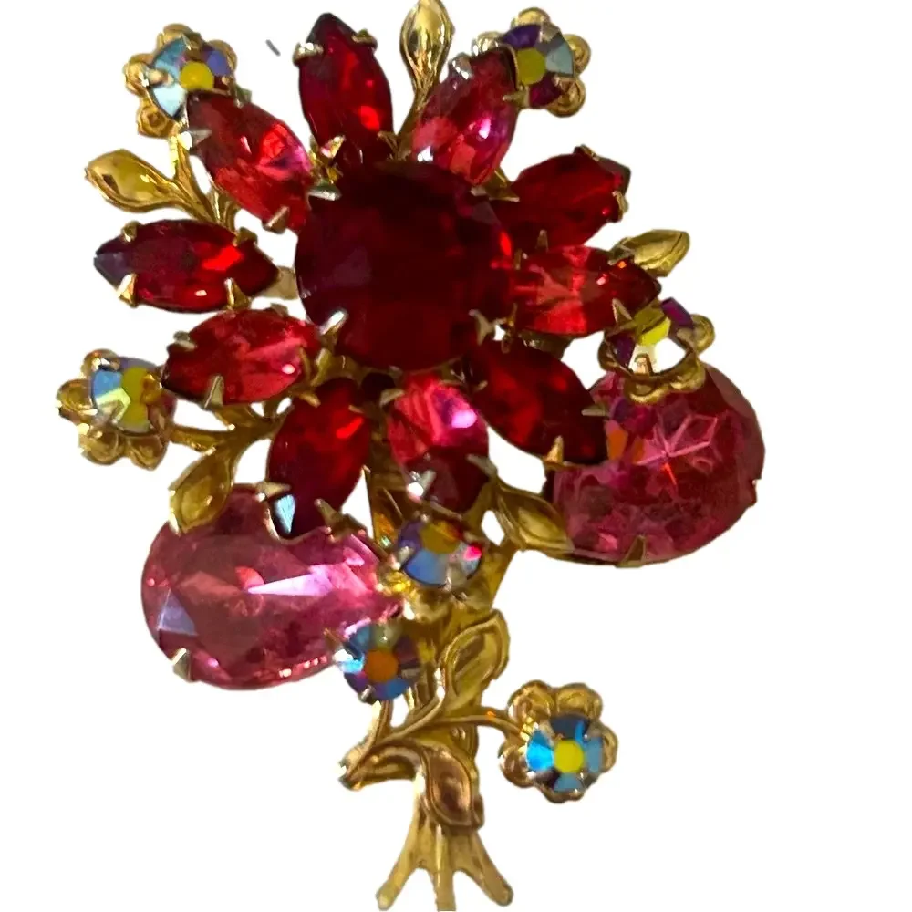 🍀 3 for $25 NWT Floral Burgundy Ruby Red Blue Gold Tone Gemstone Pin Brooch